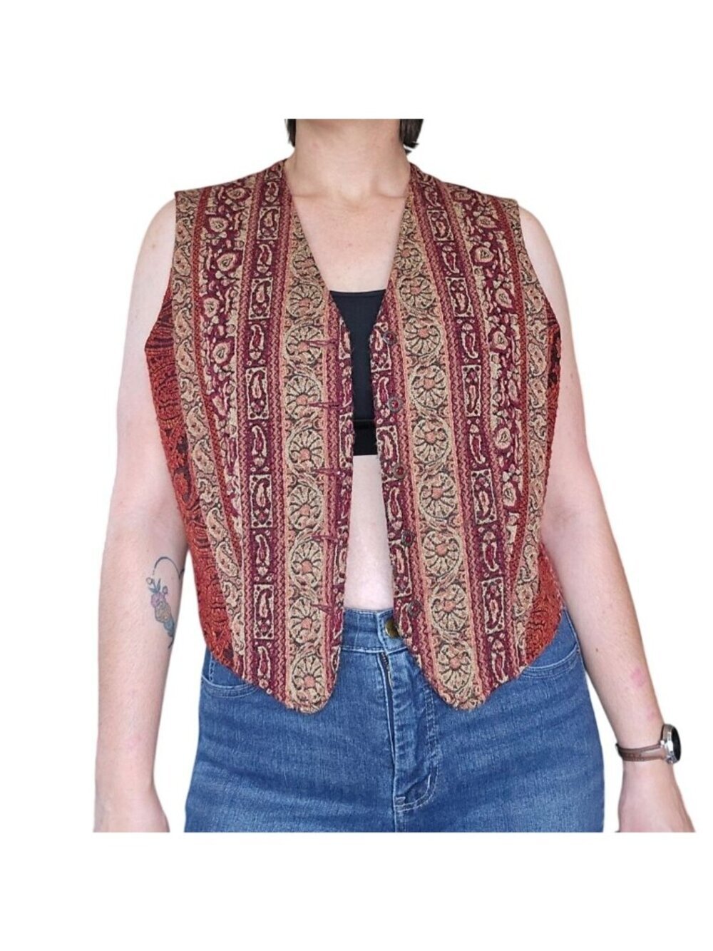 St Michael by Marks & Spencer Vintage Paisley Tapestry Vest Red Gold Size UK 18